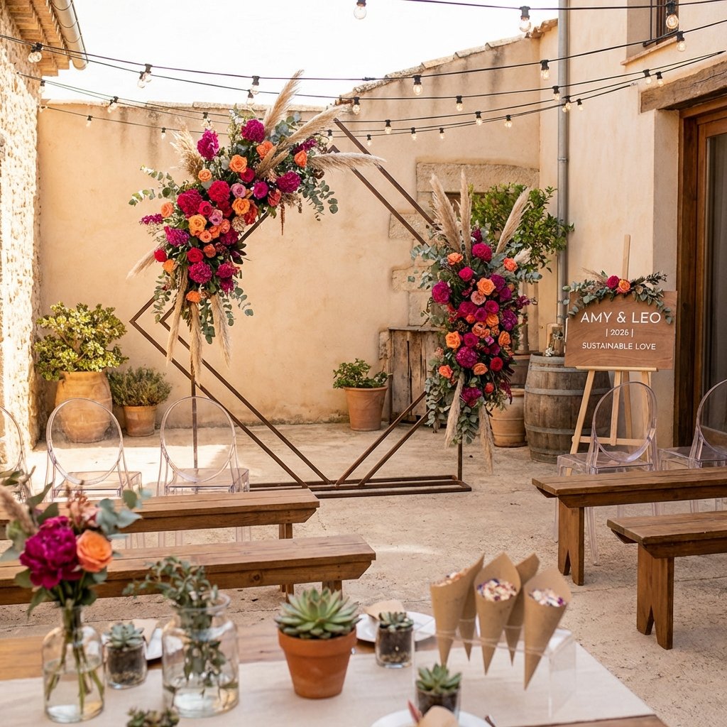 Modern 2026 wedding setup with trendy decor and bold colors