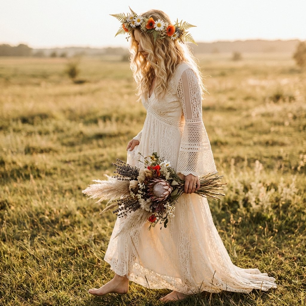 Bohemian bride in flowing lace dress with flower crown