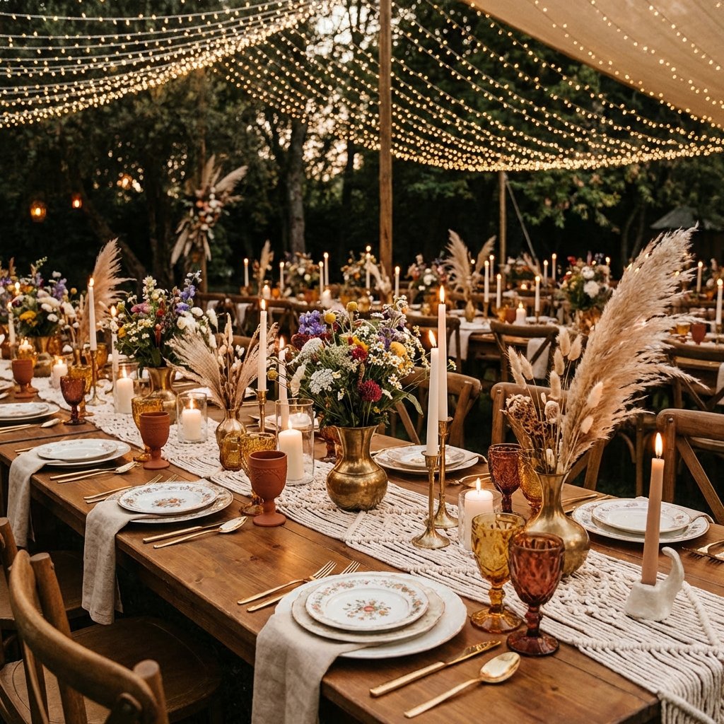 Bohemian wedding reception table with wildflowers and pampas grass