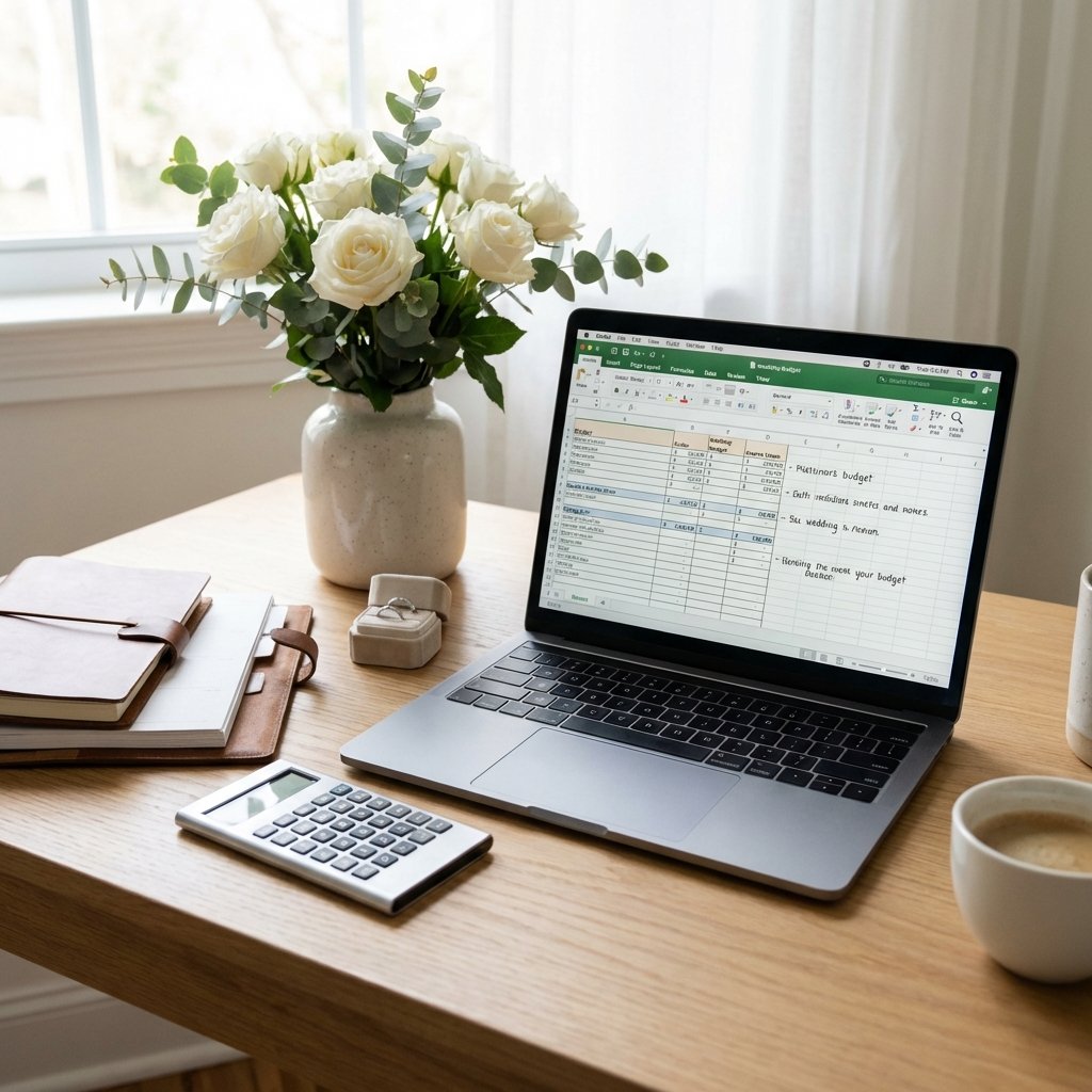 Wedding budget planning with spreadsheet and calculator