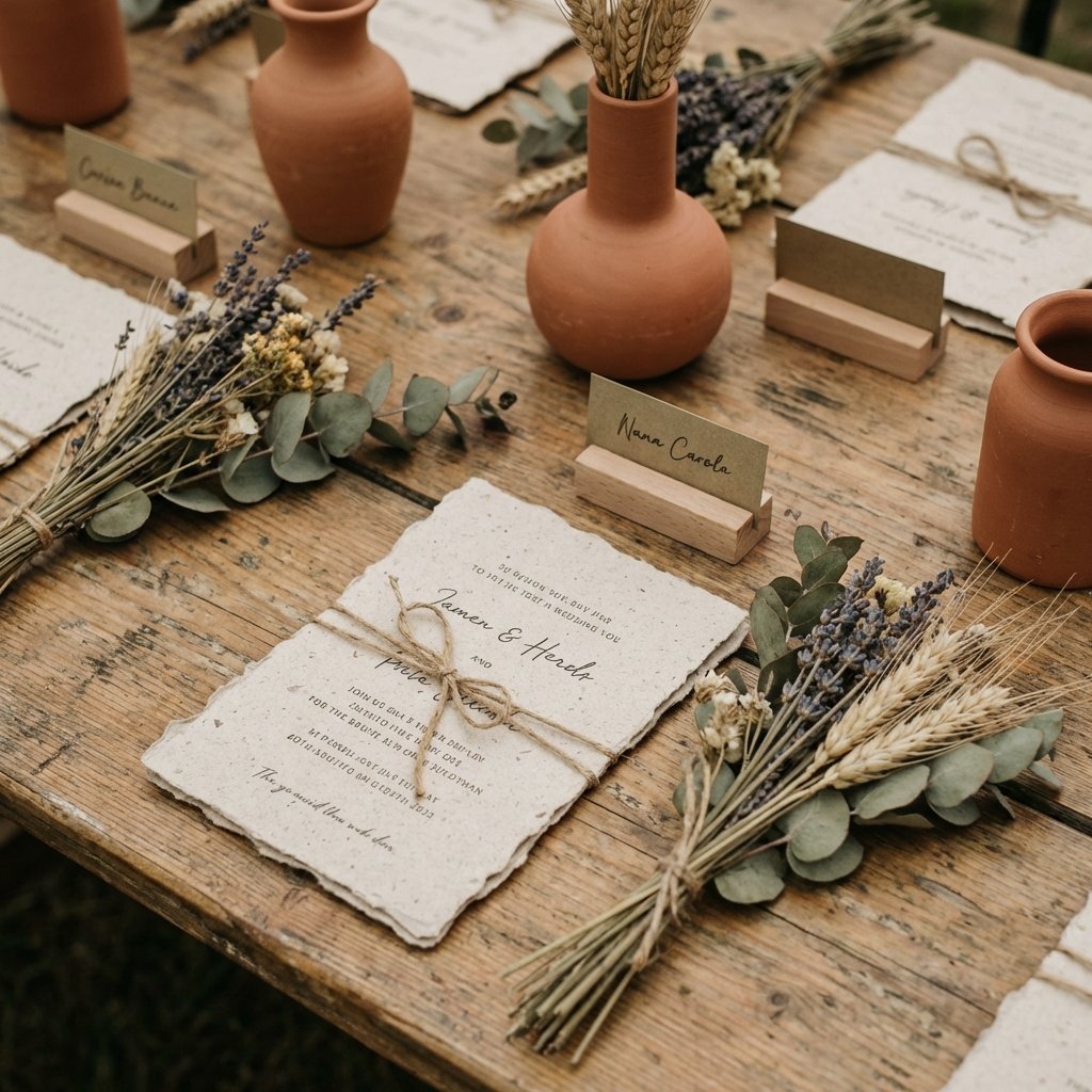 Sustainable wedding invitations and natural decor elements