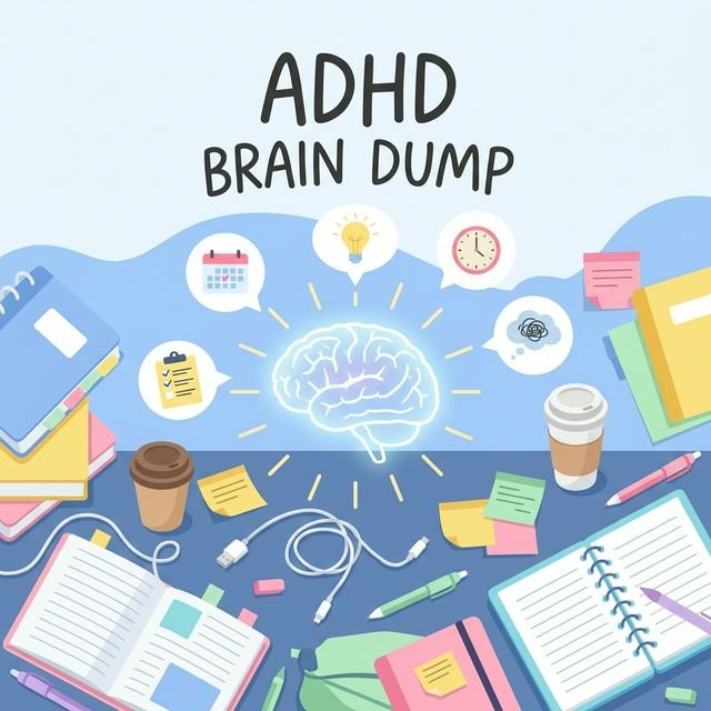 A chaotic messy desk zooming into a glowing ADHD brain dump